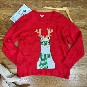 Isela Red Fuzzy Ugly Christmas Sweater with White Sequin Llama